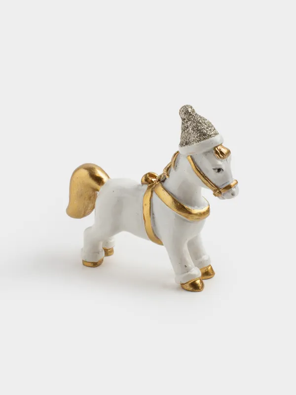 Мүсінше, 8 см, полирезин, сүт және алтын түстес түстес, Қалпақ киген жылқы, Horse christmas, image-2