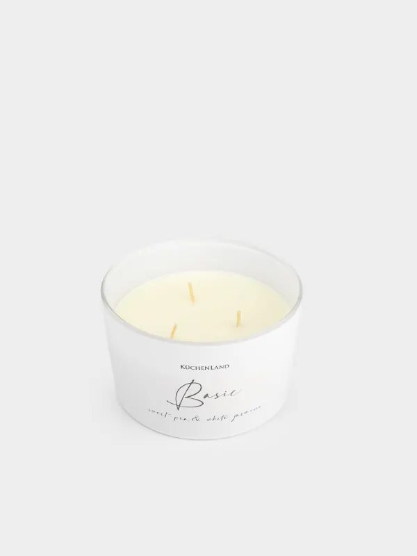 Хош иісті шам, 13 см, үш фитиль, шам ұстағышта, қақпағы бар, шыны, тәтті бұршақ және Ақ Жасмин, негізгі, image-1