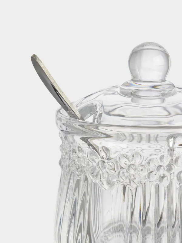 Қант ыдысы, 11 см, 350 мл, қасығы бар, шыны Р/металл, Гүлдер, Clear pattern, image-1