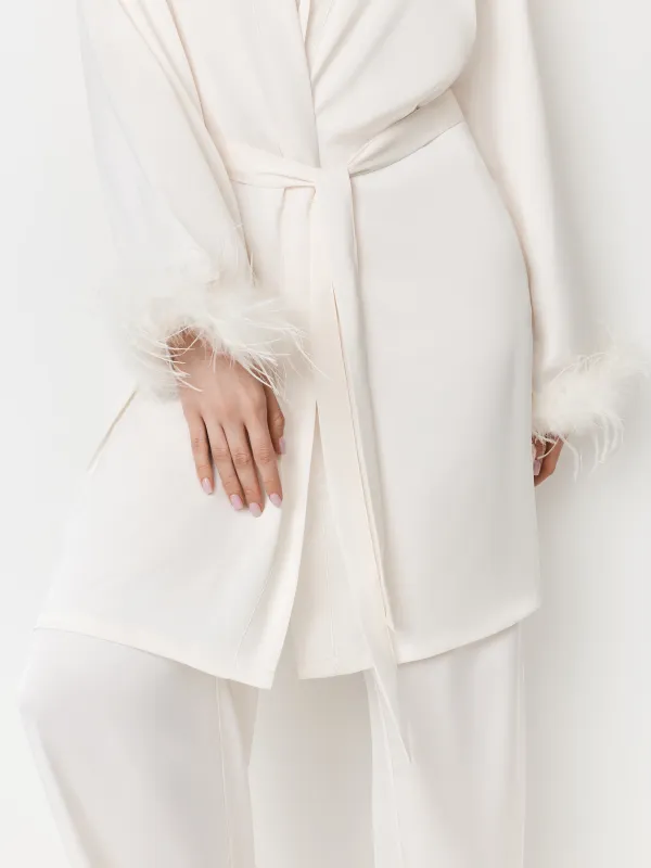 Әйелдер халаты, үйге арналған, өлшемі L, ұзын жеңді, полиэстер/қауырсын, сүт түстес, Adria, image-3