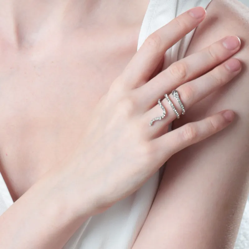 Сақина, өлшемі S-M, біріңғай өлшем, металл / тастар, күміс, жылан, Jewelry crystal