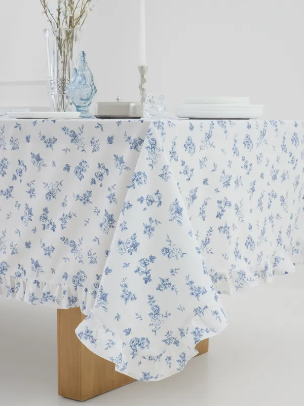 Скатерть, 170х250 см, полиэстер/хлопок, с рюшами, белая, Синие цветы, Blue flowers, image-4