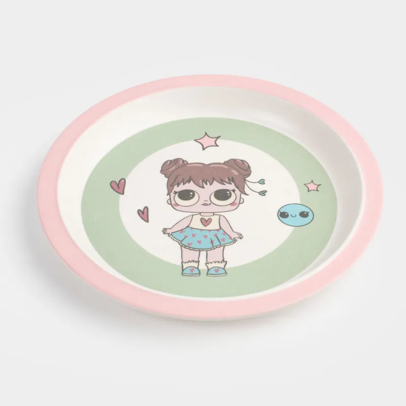 Тіскебасар тәрелкесі, балаларға арналған, 21 см, бамбук, қызғылт және жасыл, Көйлектегі қыз, Sweet loli, image-1