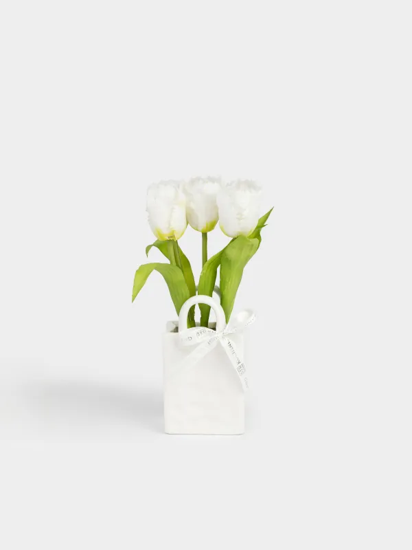 Жасанды гүл шоғы, 25 см, вазада, ТПЕ/керамика, Ақ қызғалдақтар, Tulip garden, image-0