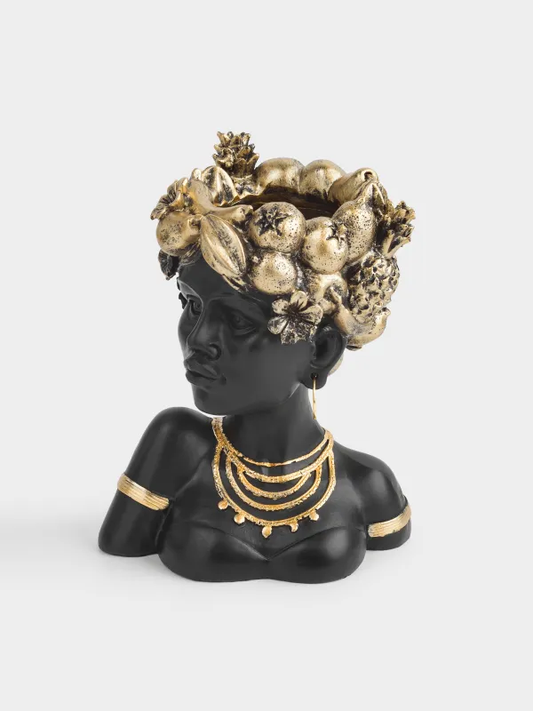 Сәндік ваза, 19 см, полирезин, қара және алтын, Жемісі бар қыз, Ethnic girls, image-1