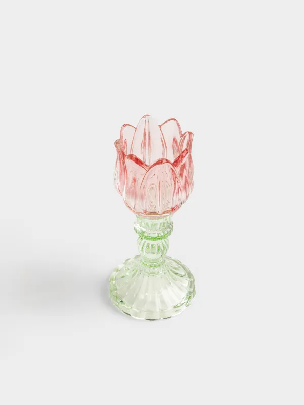 Подсвечник, 17 см, для чайной свечи, на ножке, стекло Р, зеленая ножка, Тюльпан, Fleur color, image-1
