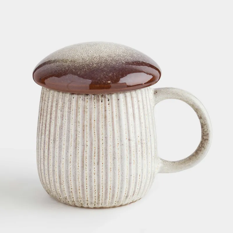 Кружка, 430 мл, с крышкой, фарфор P, молочно-коричневая, Гриб, Colors autumn