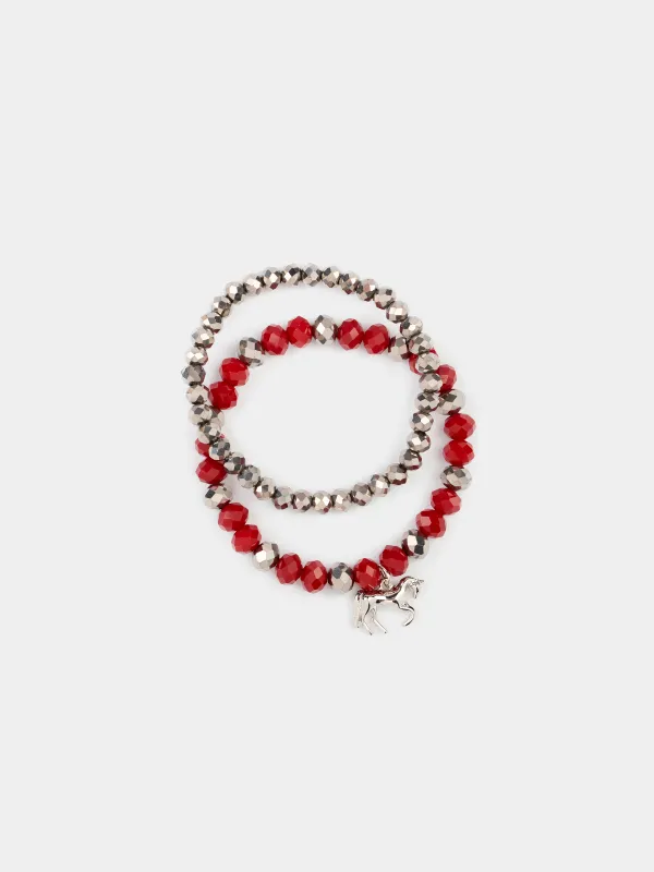 Білезіктер жиынтығы, 18 см, 2 дана, шыны/металл, күміс-қызыл, Жылқы, Pearl color, image-0