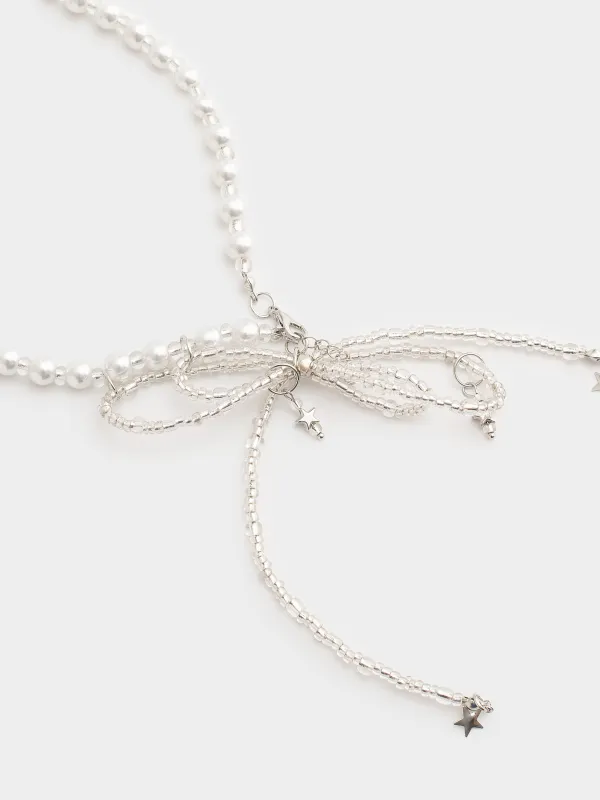 Колье, 52 см, пластик/стразы/металл, серебристое, Бант, Pearl, image-1