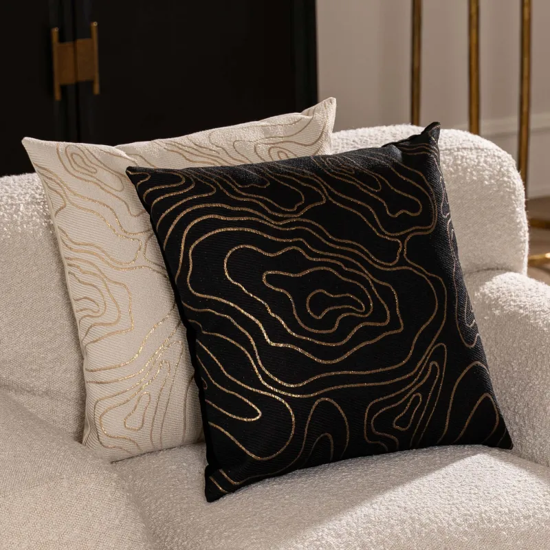 Подушка декоративная, 45х45 см, жаккард/вельвет, черная, Золотистые линии, Abstract