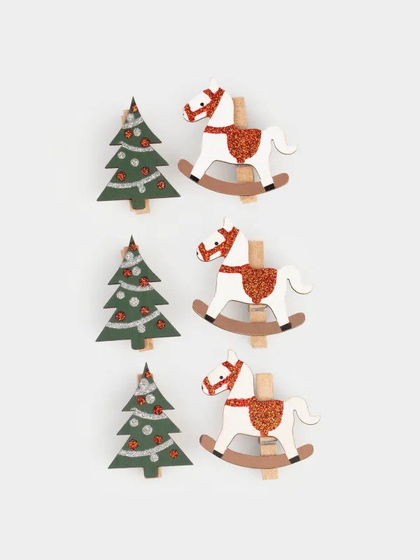 Сәндік қыстырғыш, 5 см, 6 дана, ағаш, жылтырақтары бар, ақ/жасыл, Жылқы/Шырша, Figure wood, image-0