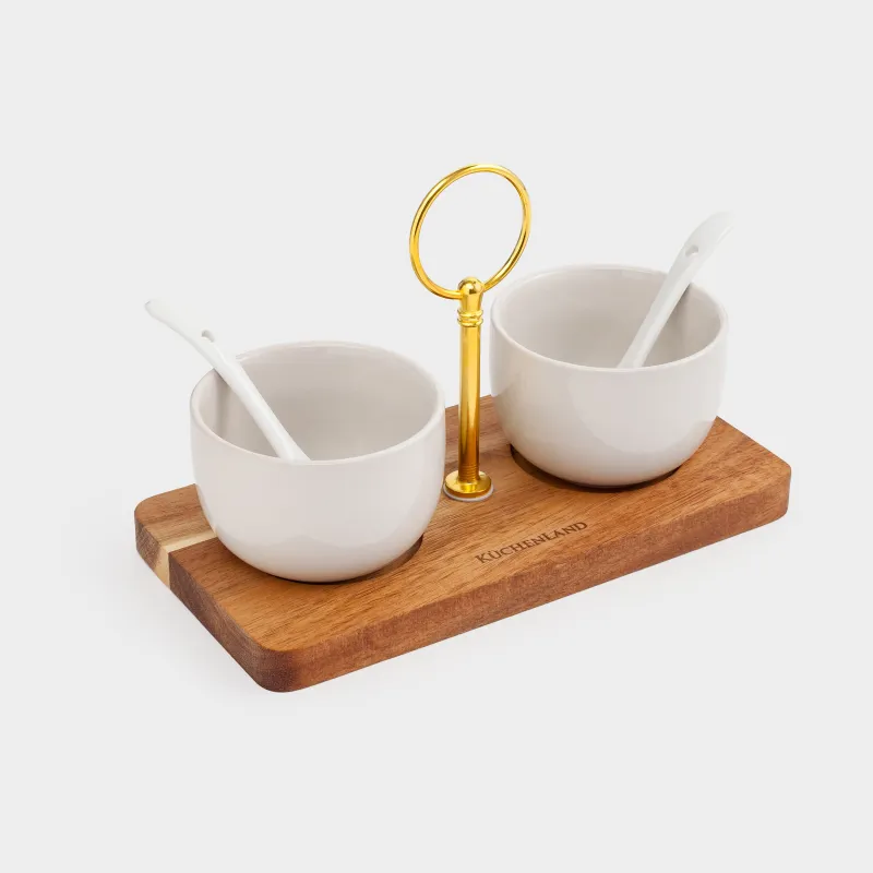 Тосап/қантқа арналған ваза, 120 мл, 2 дана, қасығы бар/тұғырда, керамика/ағаш, сүт түстес, image-1