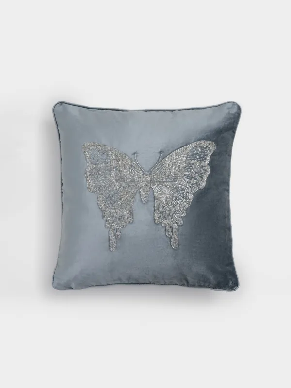 Сәндік жастық, 50х50 см, барқыт/моншақ, сұр, көбелек, Bugs, image-0