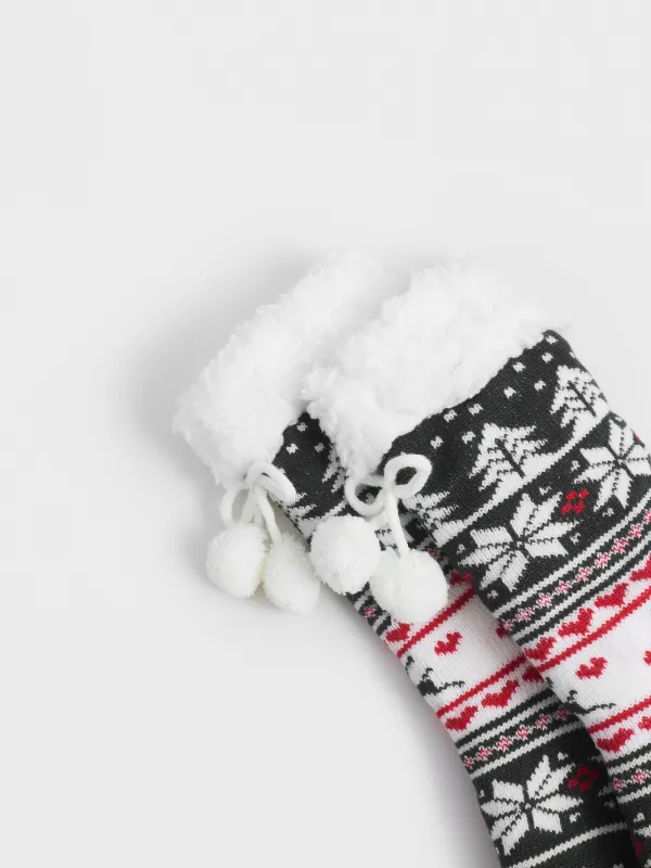 Әйелдер шұлықтары, үйге арналған, өлшемі 36-38, помпондары бар, акрил/шерпа, ақ және қызыл, Қысқы өрнек, Hot winter, image-2