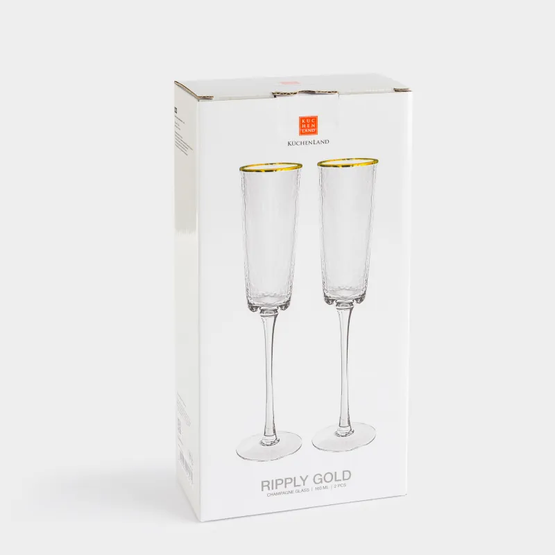 Шампанға арналған бокал, 160 мл, 2 дана, шыны, алтын жиегі бар, Ripply gold, image-4