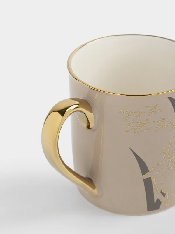 Кружка, 300 мл, фарфор N, бежево-золотистая, с золотистым кантом, Ирисы, Flower gold, image-2