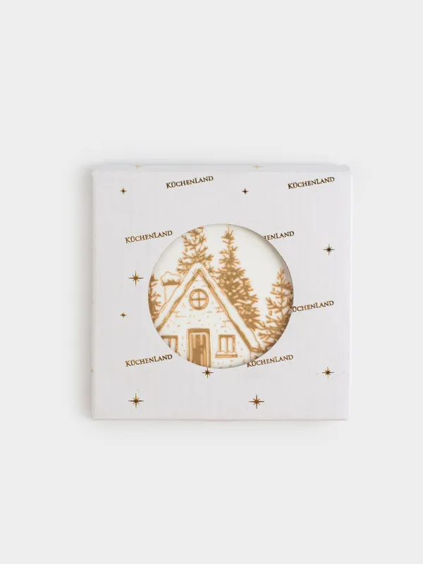 Подставка под кружку, 11х11 см, керамика/пробка, молочная, Домик в лесу, Forest house, image-4