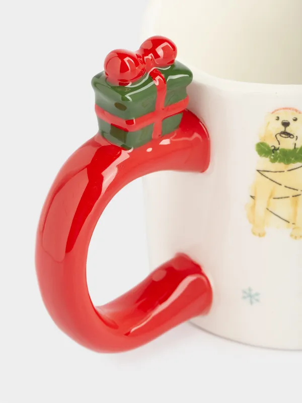 Саптыаяқ, 350 мл, керамика, сүтті қызыл, Сыйлықтары бар иттер, Christmas dog, image-2