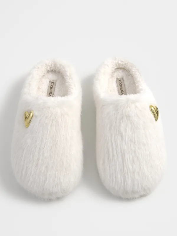 Тапочки женские, домашние, молочные, Сердце, Furred, image-3