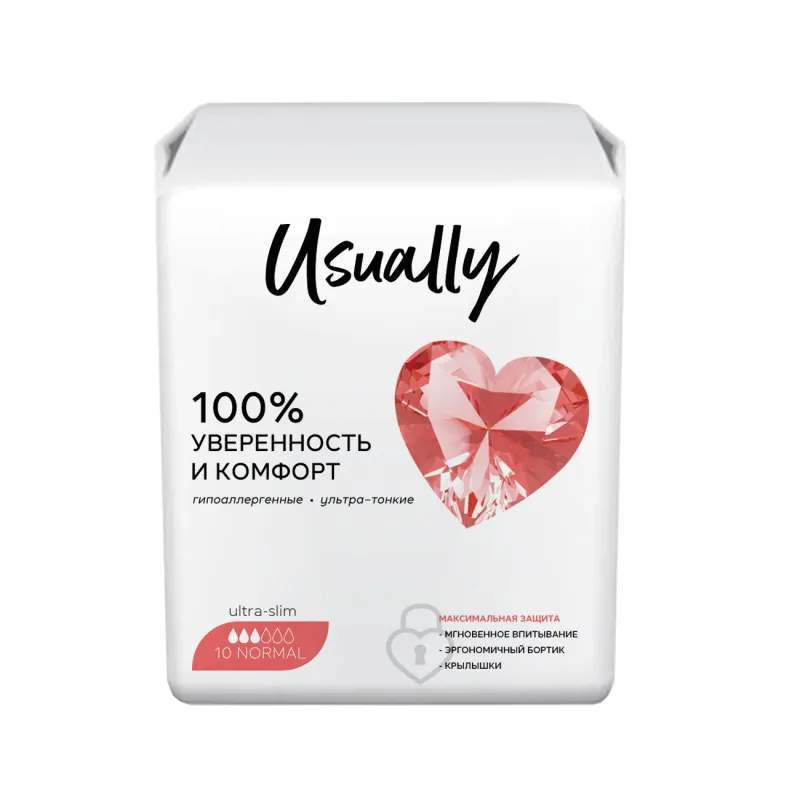 Прокладки гигиенические, 24 см, 10 шт, с крылышками, Normal, Usually, image-0