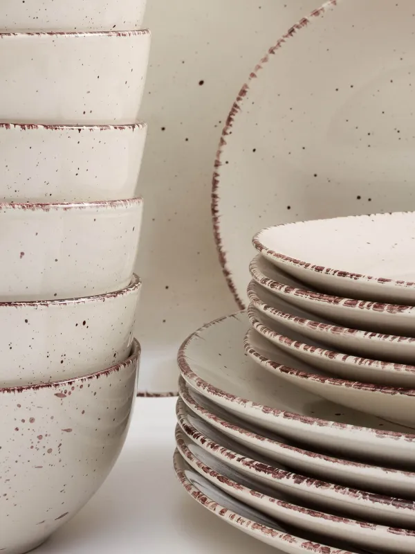 Түскі ас жиынтығы, 6 тұлға, 18 зат, керамика, сарғылт, дақ, Speckled, image-1