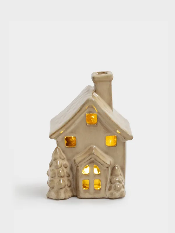 Мүсінше, жарықтандырылған, 12 см, фарфор Р, сүт түстес және қоңыр, Шыршалары бар үй, House shape, image-0