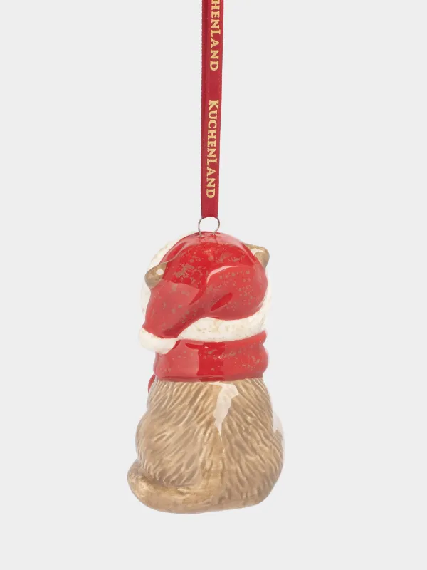 Игрушка елочная, 8 см, керамика, коричнево-красная, Кот в шарфе, Figure christmas, image-1