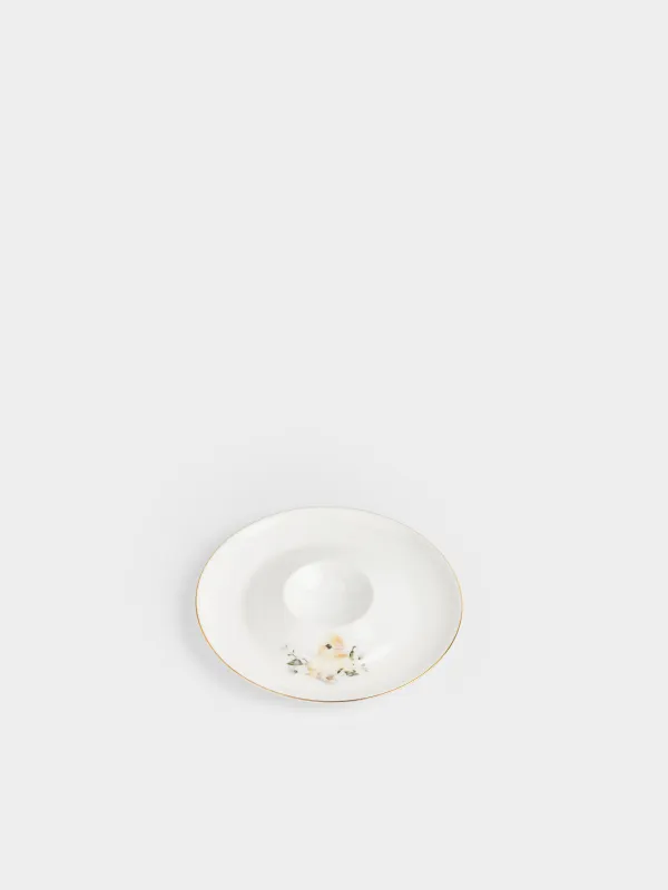 Жұмыртқа тұғыры, 13 см, фарфор F, ақ, алтын жиектері бар, Гүлдер арасындағы балапан, Easter, image-1