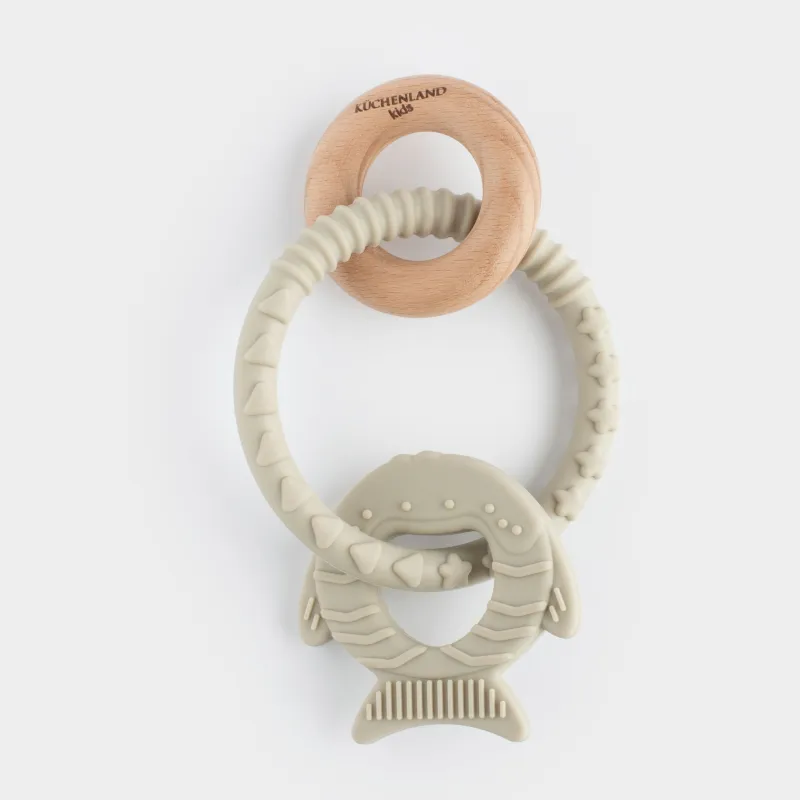 Тіс тазалағыш ойыншық, 2 кулон, сақинада, силикон/ағаш, сұр, Балық және сақина, Kiddy, image-4