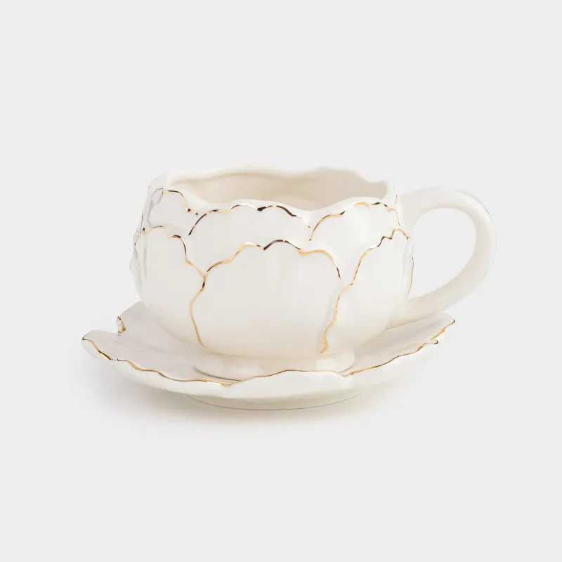 Таңғы асқа арналған шай жұбы, 1 адам, 2 зат, 450 мл, фарфор Р, сүт түстес-алтын, Пион, Bloom