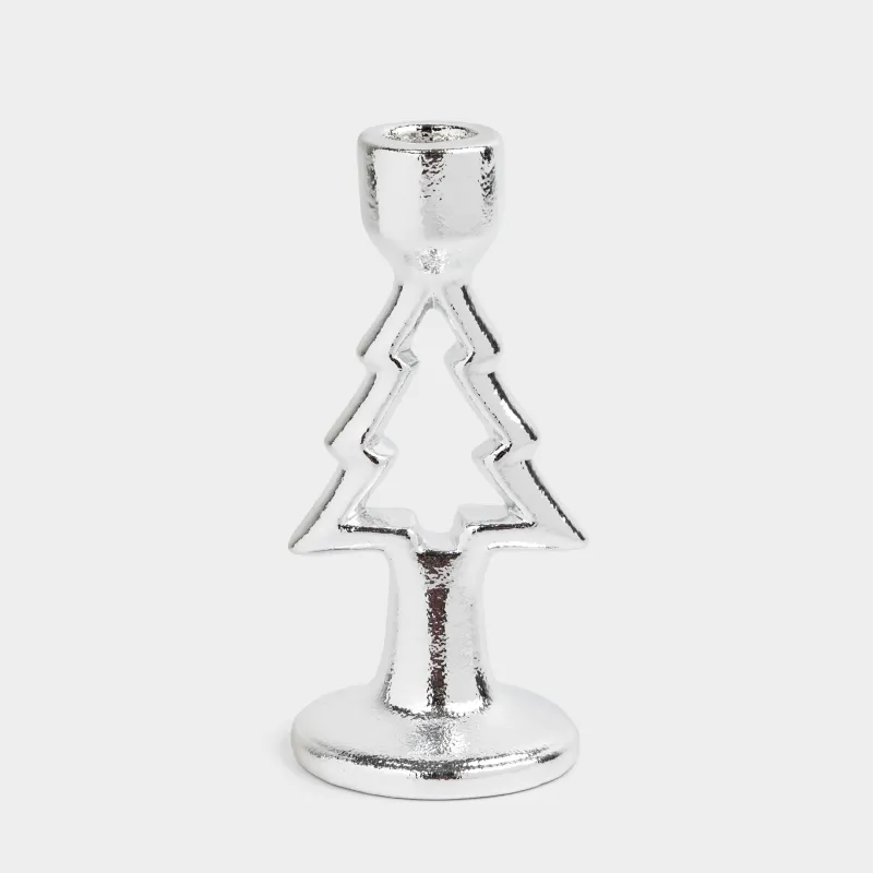 Шам ұстағыш, 15 см, жіңішке шамға арналған, аяқты, керамика, күміс, Шырша, Silver style