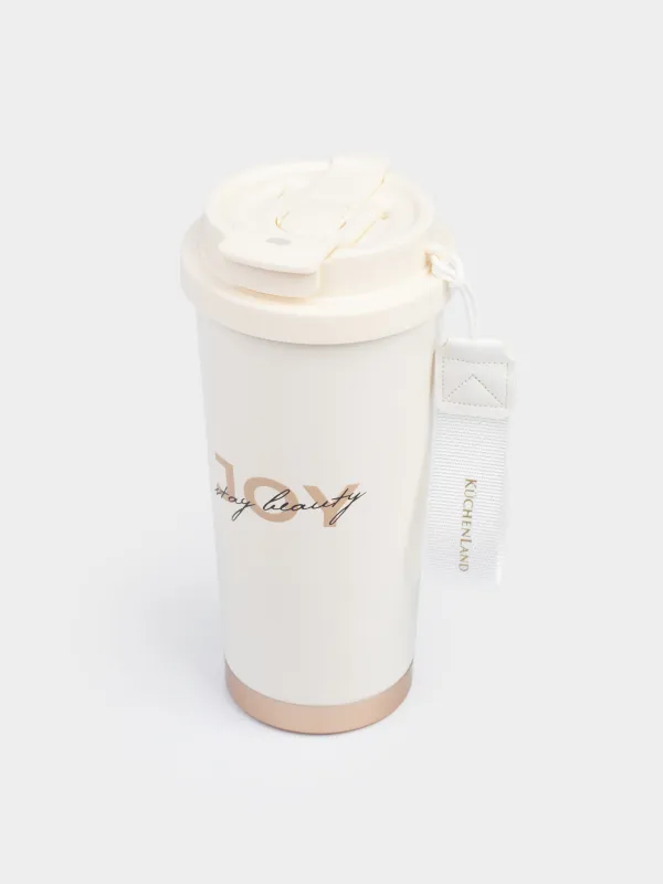 Термо саптыаяқ, 500 мл, клапан/түтік, бауы бар, болат/пластик, сарғылт-қоңыр-алтын, Ballad, image-1