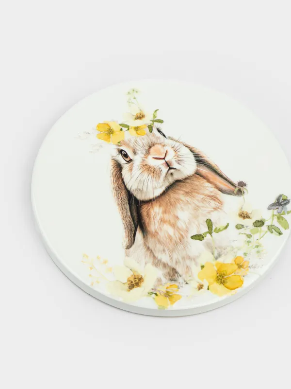 Саптыаяқ тұғыры, 11 см, дөңгелек, керамика/тығын, ақ, Гүлдер арасындағы қоян, Natural Easter, image-2