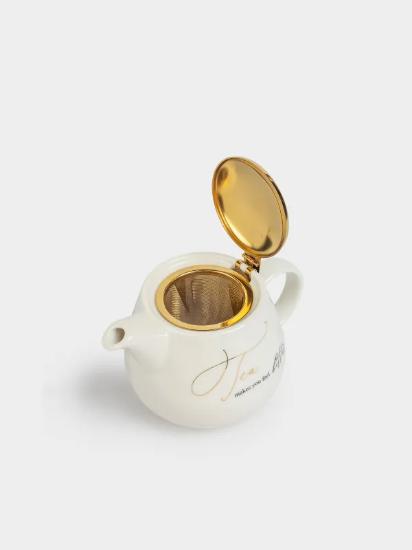 Чайник заварочный, 500 мл, фарфор P/сталь, молочно-золотистый, Мятый эффект, Crumple kitchen, image-5