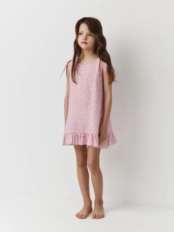 Балалар көйлегі, өлшемі 98 см, белдіктері бар, желбіршектері бар, муслин, қызғылт, Гүлдер, Hayley, image-1