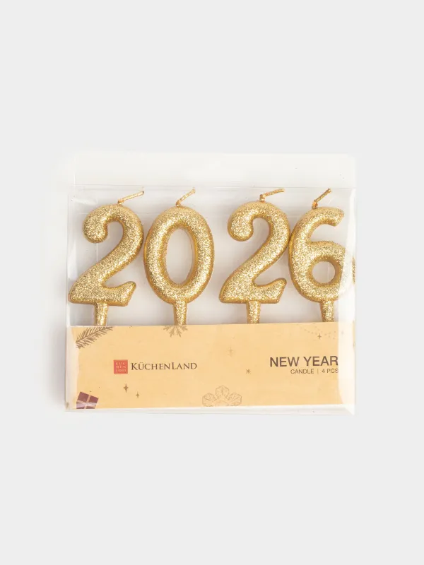 Свеча, 5x3 см, 4 шт, с блестками, золотистая, 2026, New Year, image-4