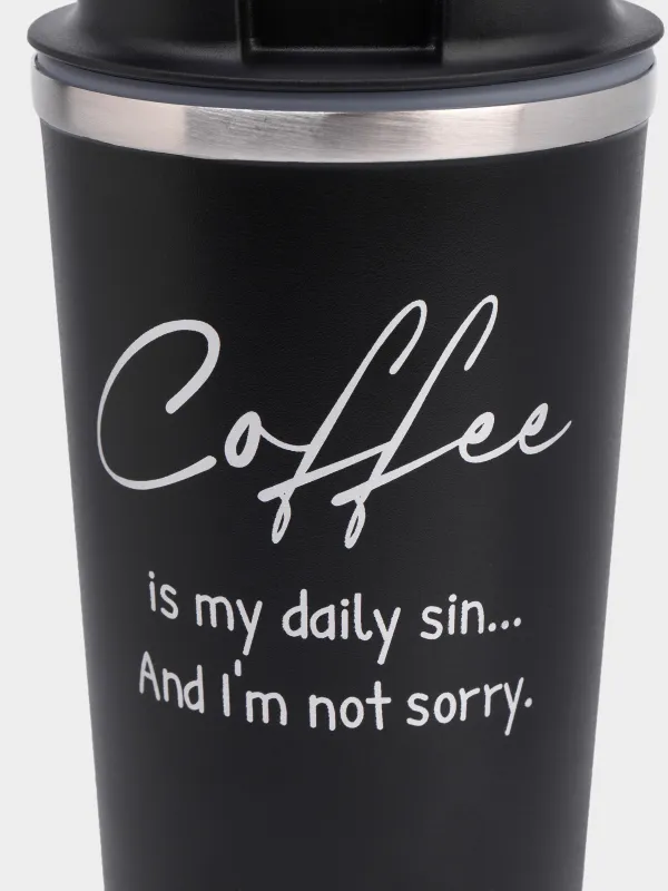 Термо саптыаяқ, 450 мл, болат/пластик, қара, жазуы бар, Coffee time, image-2