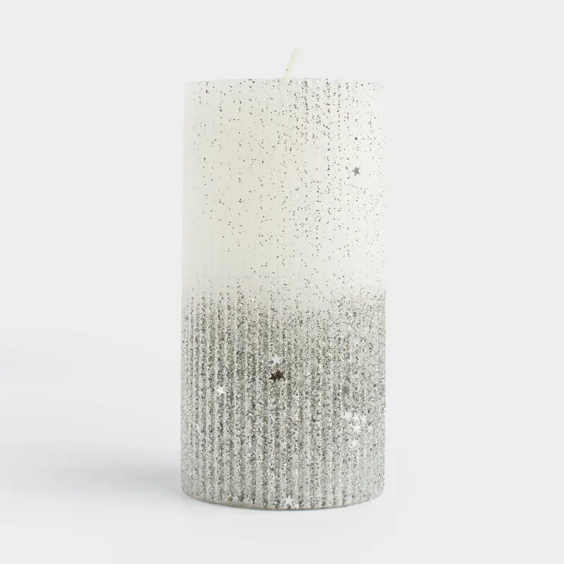 Свеча, 15 см, цилиндрическая, с блестками, бело-серебристая, Metallic glow