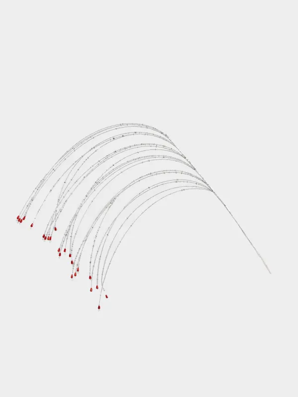 Сәндік бұтақ, 62 см, моншақтар/металл, күміс-қызыл, Тал, Curved decor, image-0