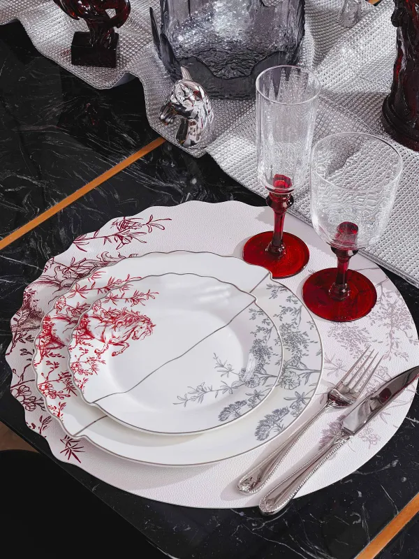 Түскі ас тәрелкесі, 27 см, фарфор N, ақ, күміс жиектері бар, Жылқы, Kairon horse, image-6