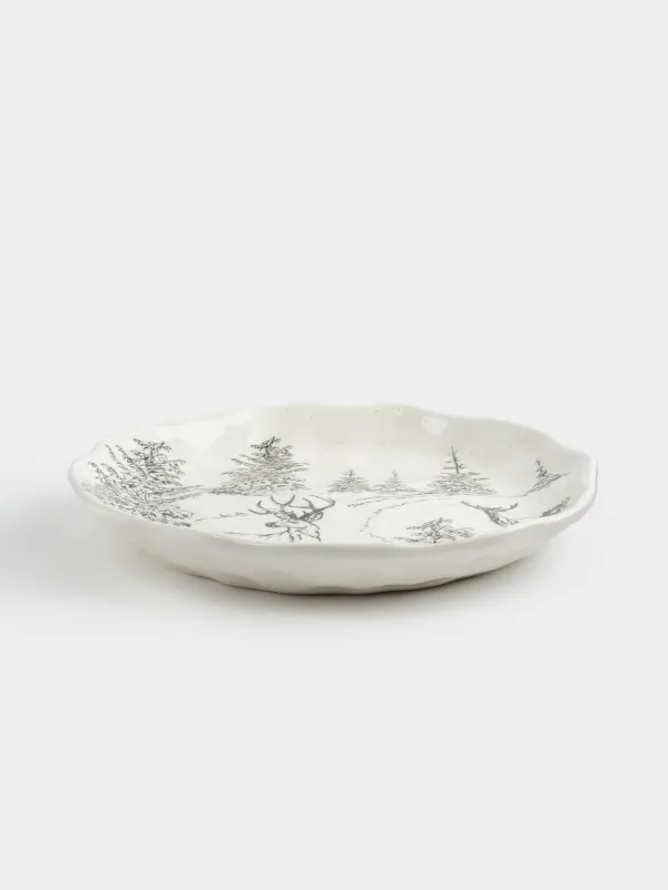 Тіскебасар тәрелкесі, 23 см, керамика, ақ, Ормандағы бұғы, Crumple print, image-2