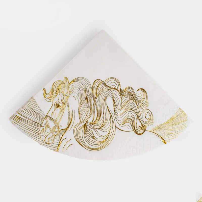 Салфетки бумажные, 33 см, 20 шт, круглые, белые, Золотистая лошадь, Horse gold