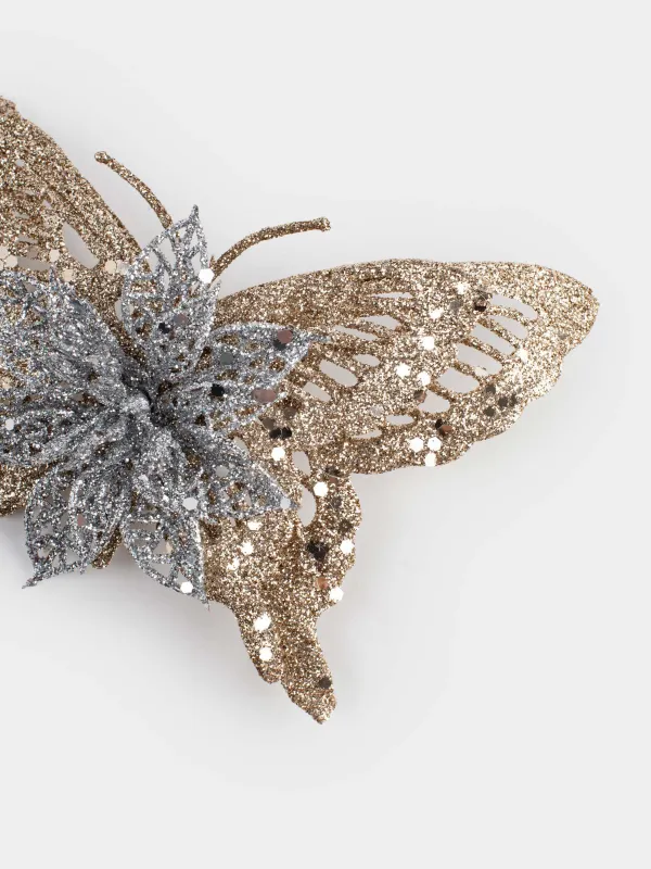 Сәндік әшекей, 16 см, қыстырғышта, пластик, шампан, Гүлі бар көбелек, Flower decor, image-3