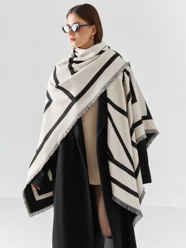Пончо, 130х160 см, шашағы бар, екі жақты, вискоза/полиэстер, сүт түстес қара, Poncho, image-9