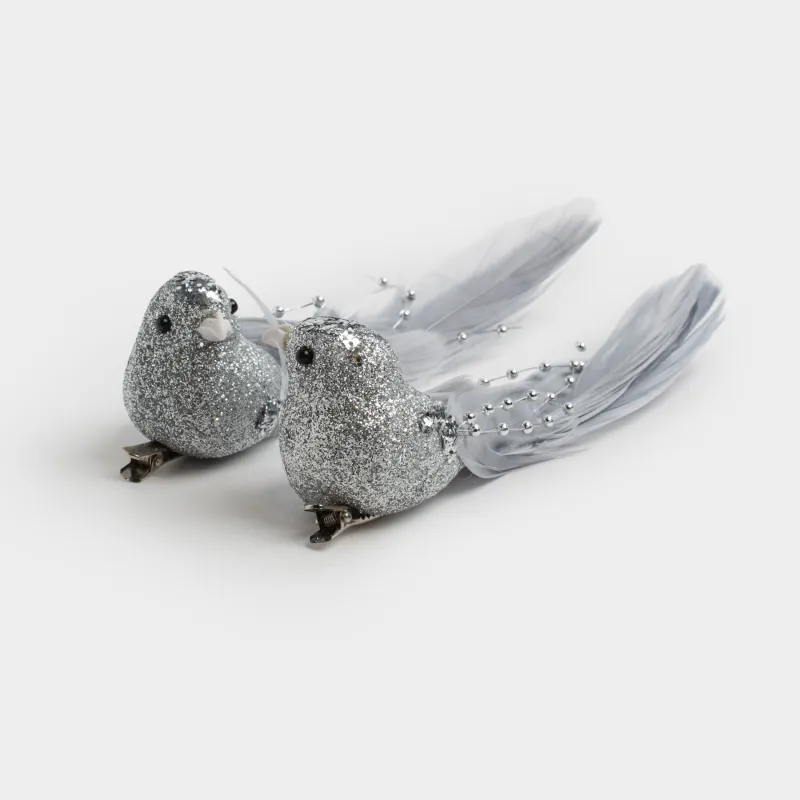 Украшение декоративное, 15 см, 2 шт, на клипсе, пенопласт/перо, серебристое, Птица, Birds NY