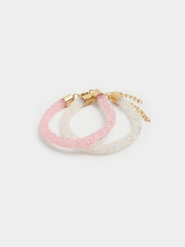 Білезіктер жиынтығы, 8 см, 2 дана, ақ / қызғылт, кристалдар, зергерлік бұйымдар, image-3