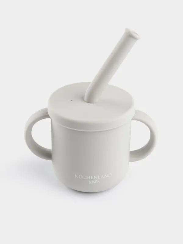 Балаларға арналған ішетін ыдыс, 150 мл, тұтқалары бар, сабаны бар, силикон, сұр, Kiddy, image-1