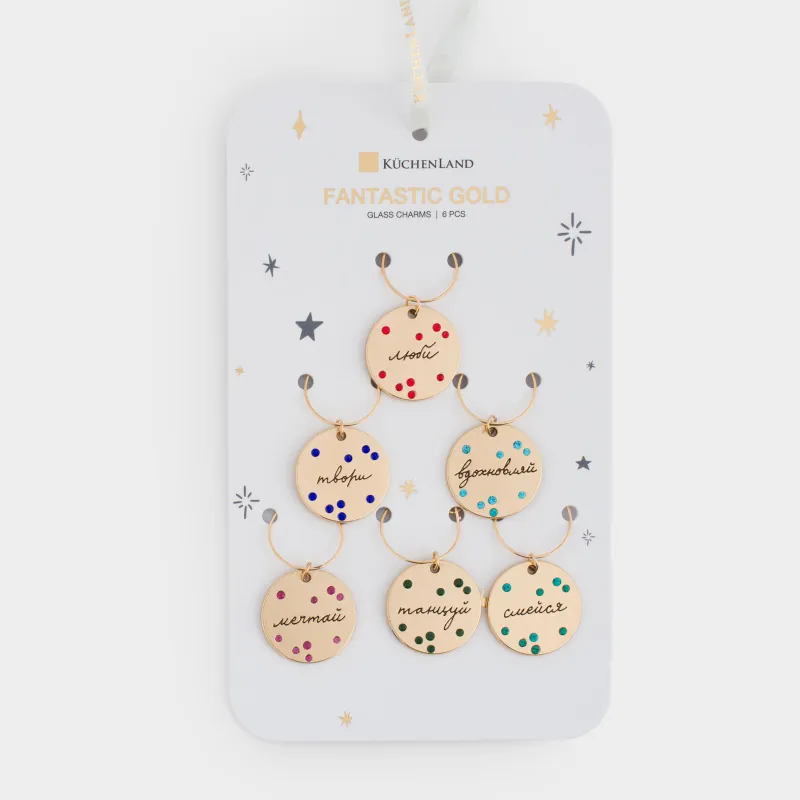 Бокалға арналған аспа, 6 дана, металл/страздары бар, алтын, Медальондағы тілектер, Fantastic gold, image-3