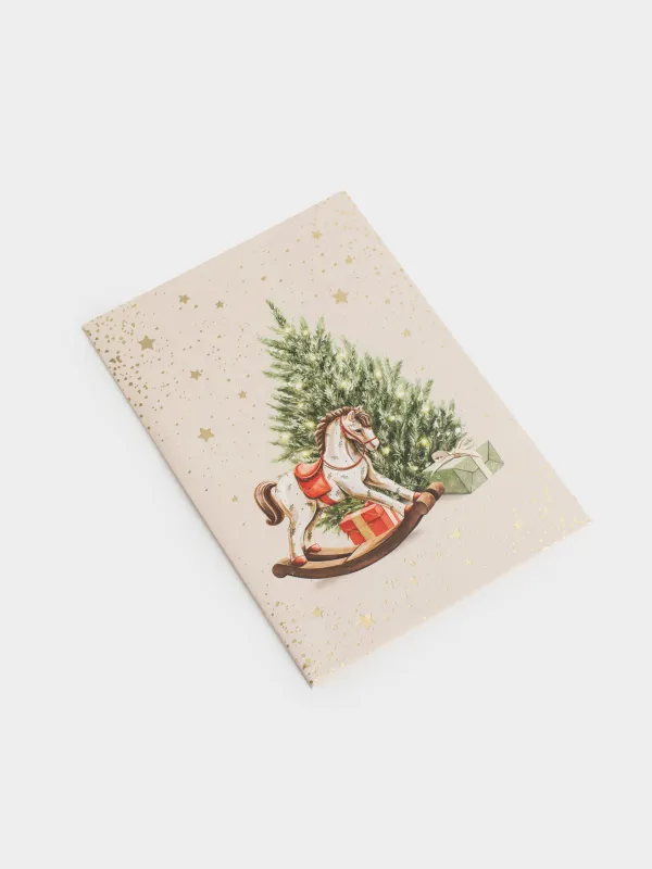 Сыйлық ашықхаты, 12х17 см, қағаз, ақ, Шыршасы бар жылқы, Christmas horse, image-2