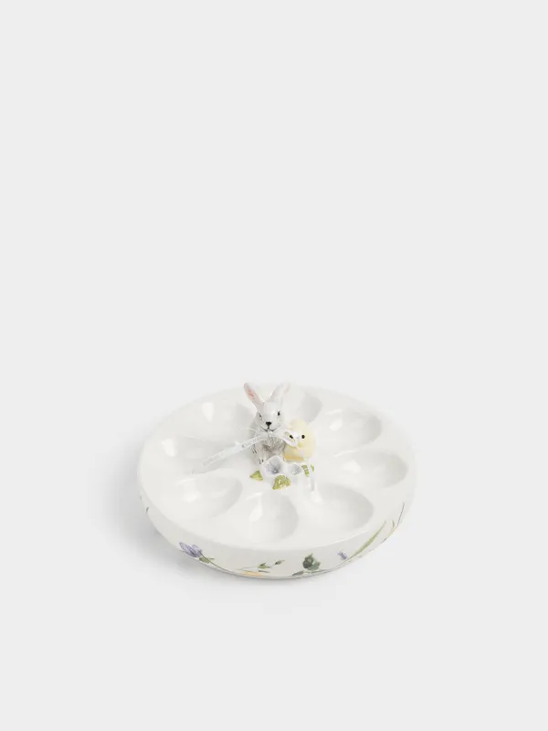 Пасха ыдысы, 19х8 см, 8 бөлім, керамика, сүт түстес, Гүлдер арасындағы қоян мен балапан, Easter, image-3